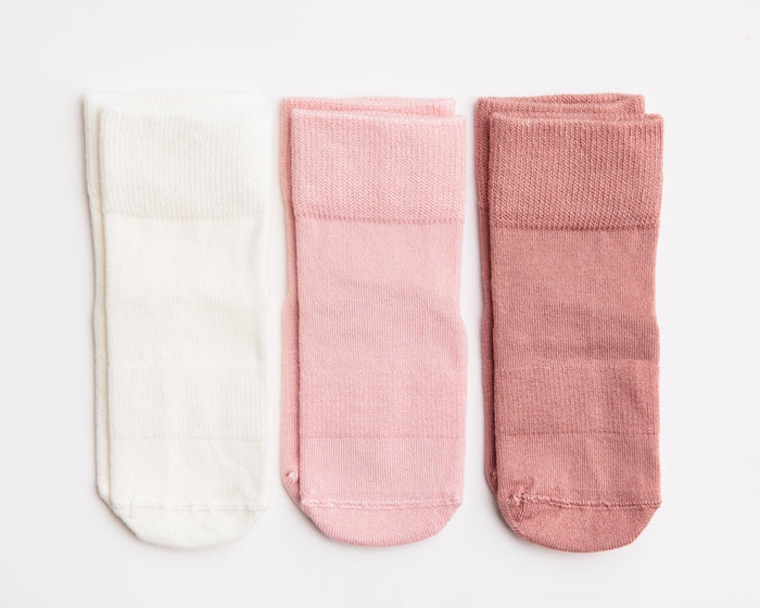 Claire kids socks: three socks in ivory, soft pink and dusty rose. Squid Socks, the brand seen on Shark Tank.