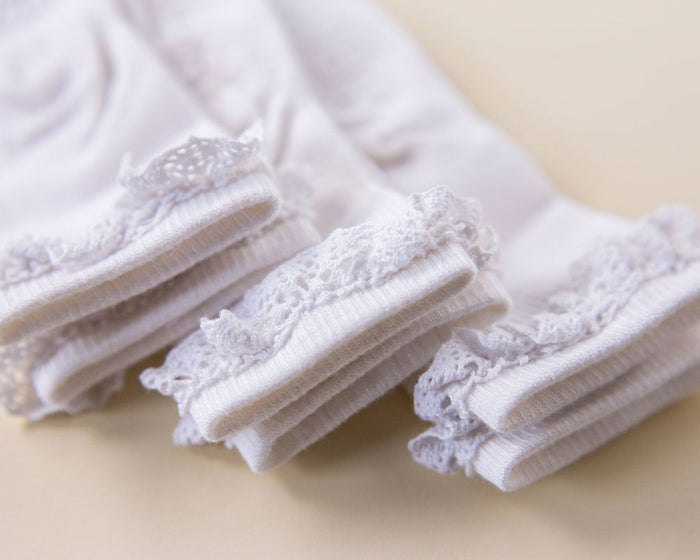 Comfort kids socks: close-up of white lace-trim sock cuffs. Squid Socks, the brand seen on Shark Tank.