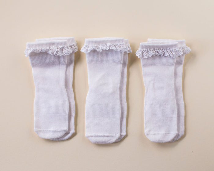 Comfort kids socks: three white lace-trim socks laid flat. Squid Socks, the brand seen on Shark Tank.