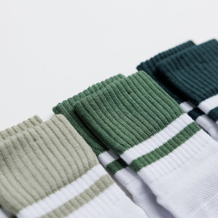 Cooper kids socks: close-up of green-toned striped cuffs. Squid Socks, the brand seen on Shark Tank.
