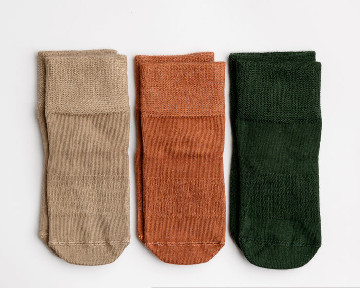 Cypress kids socks: three socks in saddle brown, cognac and dark green. Squid Socks, the brand seen on Shark Tank.