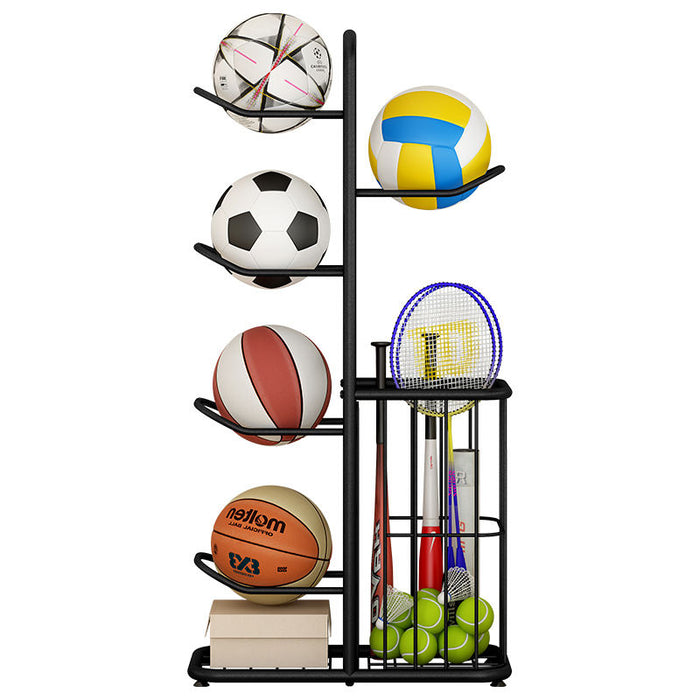 Ball Storage Rack With Balls and Bats.