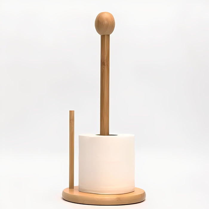 A wooden paper towel holder with a sleek, featuring a vertical rod and side stopper on a round base.