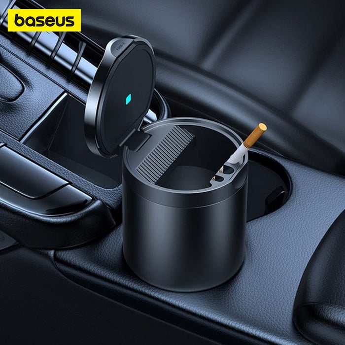 A Baseus Premium 2 Series LED Car Ashtray Placed in a Car.