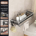 Size Of  A Bathroom shelf rack Which is Attached to the Wall Of Bathroom Area Organized with Shower Items.