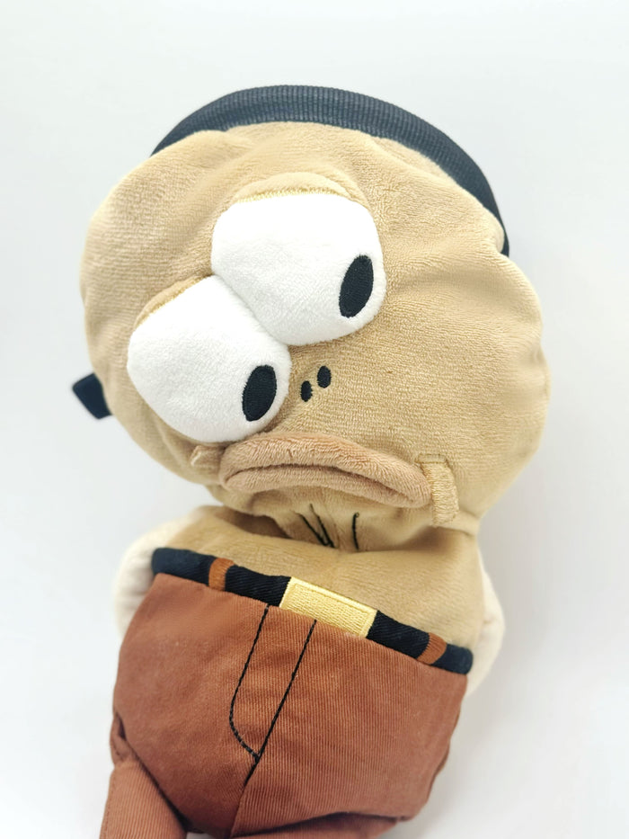 Dazed mocha brown and pink fish design on a cute plush chalk bag for rock climbing. Shows wide shocked eyes,  and a functional stiffened rim. A unique climbing gift for climbers.