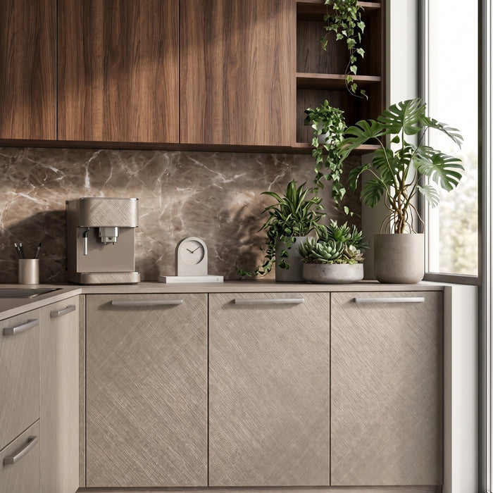 Brushed Linen Brass Metallic vinyl wrapped modern kitchen with wooden cabinets, marble backsplash, and potted plants.