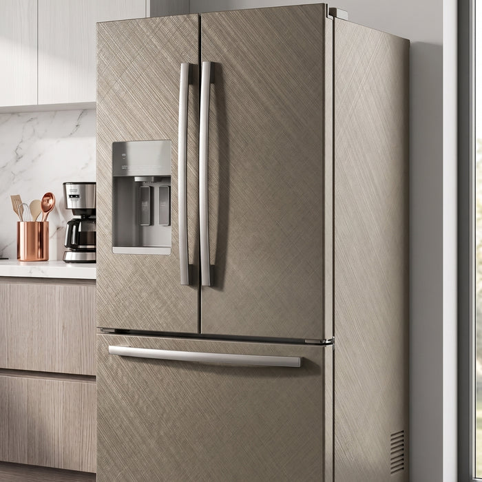 Modern kitchen with a Brushed Linen Brass Metallic vinyl wrapped refrigerator and coffee maker.