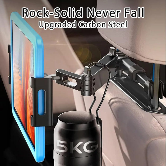 A Car Mobile Phone Tablet Holder Stand is Installed On Car Headrest.