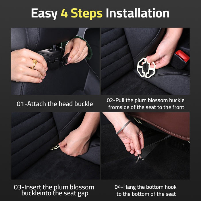 Image shows the 4 steps of installing Car Seat Back Organizer