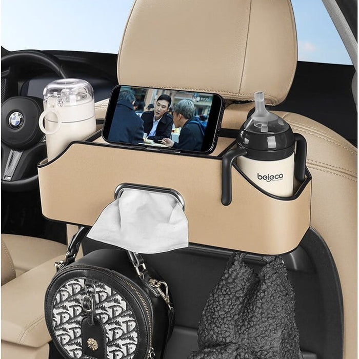 Beige Car Seat Headrest Storage Organizer Box Organized With Bottles and Tissues.