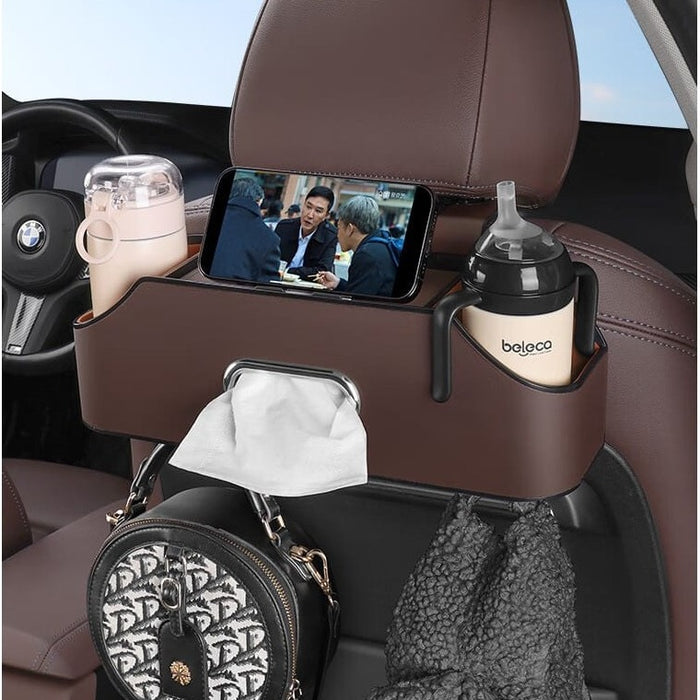 Brown Car Seat Headrest Storage Organizer Box Organized With Bottles and Tissues.
