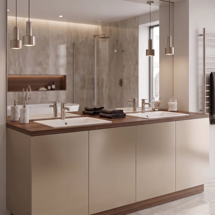 Champagne Nickel Metallic vinyl wrapped modern bathroom with double sink vanity, large mirror, and pendant lights.