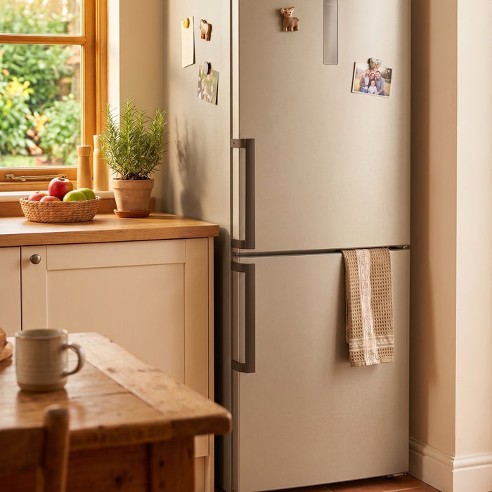 Kitchen with a Champagne Nickel Metallic vinyl wrapped refrigerator, wooden table, and window view