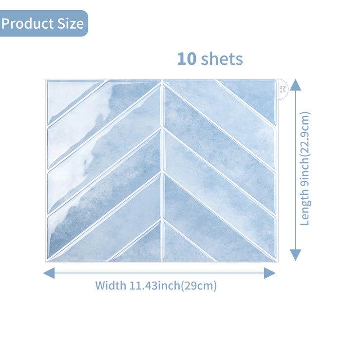 Measurement chart for 10 sheets of chevron wall tiles with a blue geometric pattern, showing dimensions.