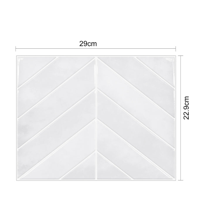 White chevron pattern tile with dimensions on a white background