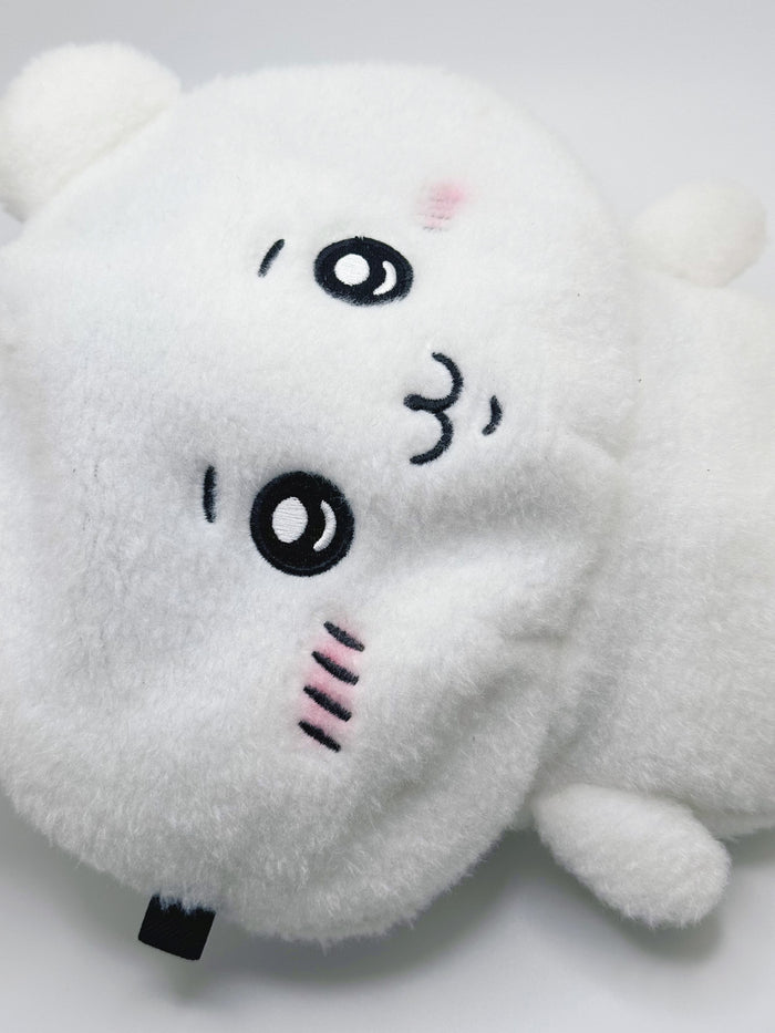 Three cute, fluffy handmade plush climbing chalk bags featuring Chiikawa, Usagi with a chaotic expression, and Hachiware. Designed with high functionality for climbers with wide top rim openings for easy chalk access and fleece-lined interiors. Perfect bouldering accessories and great climbing gifts.