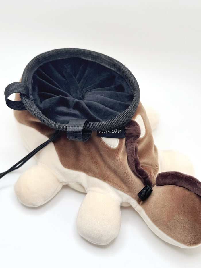 A derpy clodsire on a cute plush chalk bag for rock climbing. This functional salamander plush features a sleepy face and makes a hilarious climbing gift for climbers.