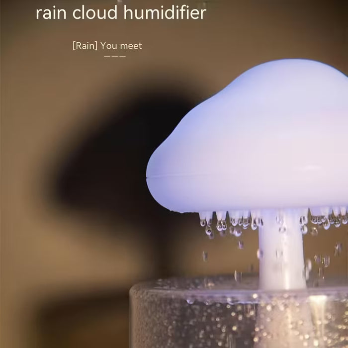 rain cloud humidifier with water droplets on a blurred background