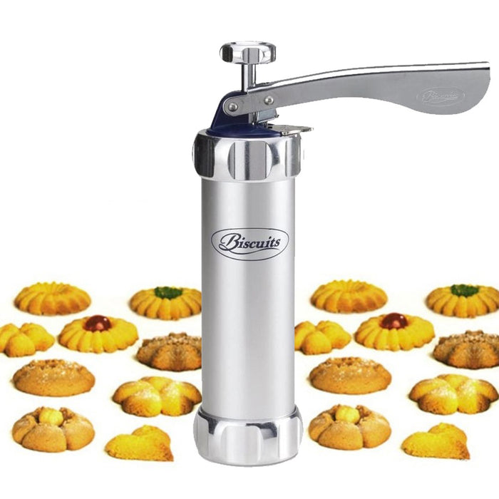The image shows a manual DIY biscuit maker with a metal press design and lever handle, used to shape cookies into various decorative forms, displayed alongside different biscuit styles.