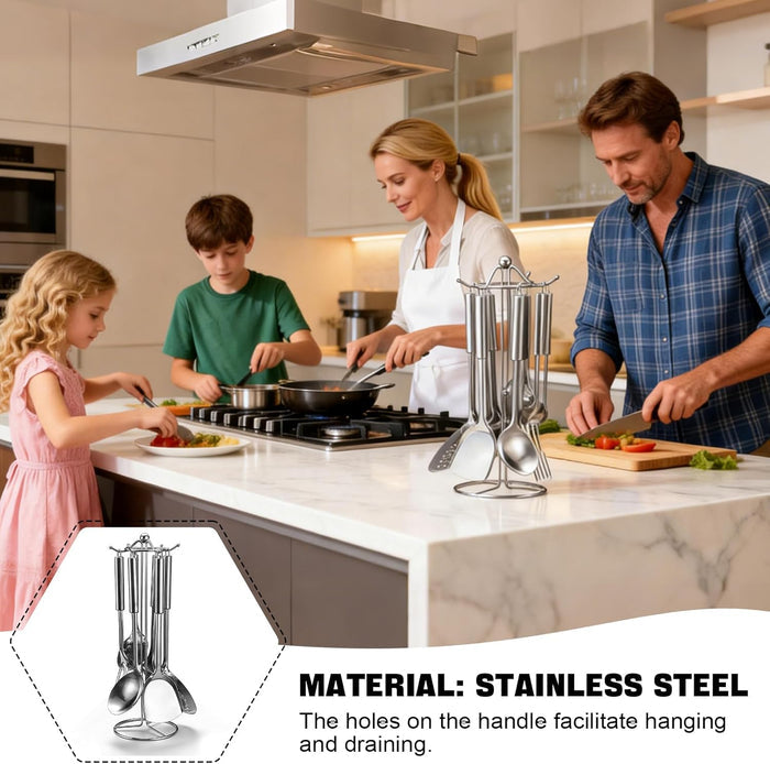 A Family is cooking food together and Cooking Spoon Serving Tools are arranged on a stand at kitchen countertop.