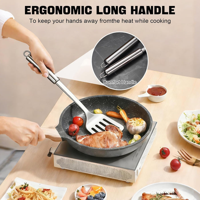 A person is cooking food using Cooking Spoon Serving Tools features the design of handle.