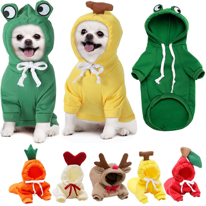 Three dogs wearing animal-themed costumes on a white background with additional costumes displayed below.