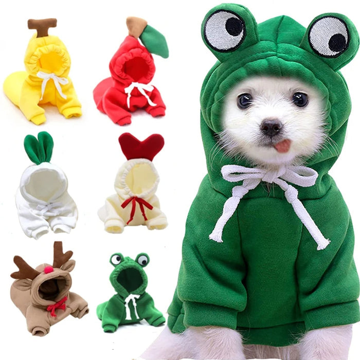 Dog wearing a green frog costume with various other animal-themed costumes displayed.