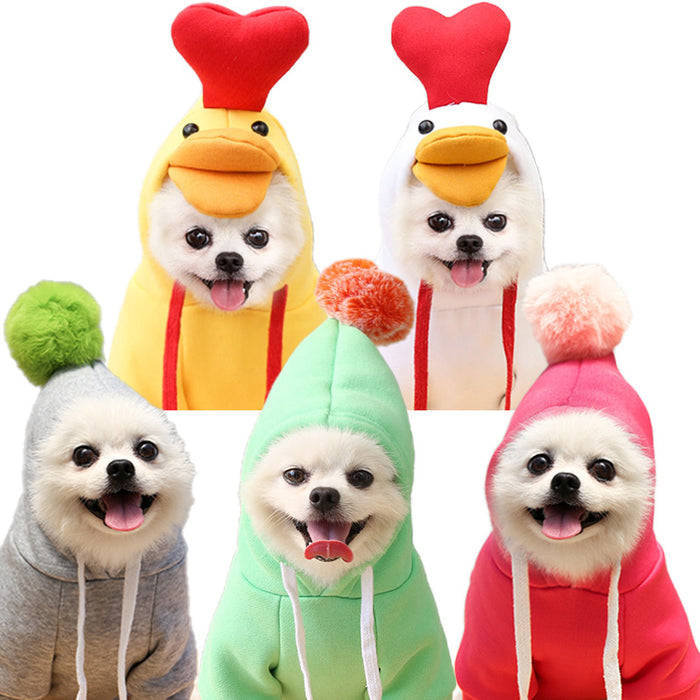 Five dogs wearing colorful animal-themed hoodies on a white background