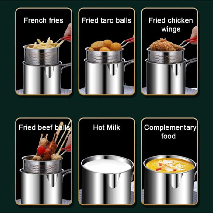 A Person is Cooking Different Food Items Using Deep Frying Pot Strainer with Basket and Clip.