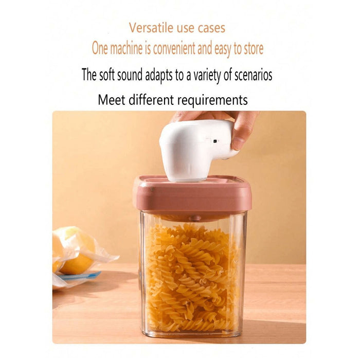 The image shows the handheld 6-in-1 vacuum device being used on a food storage container filled with pasta, demonstrating its suction/sealing function.