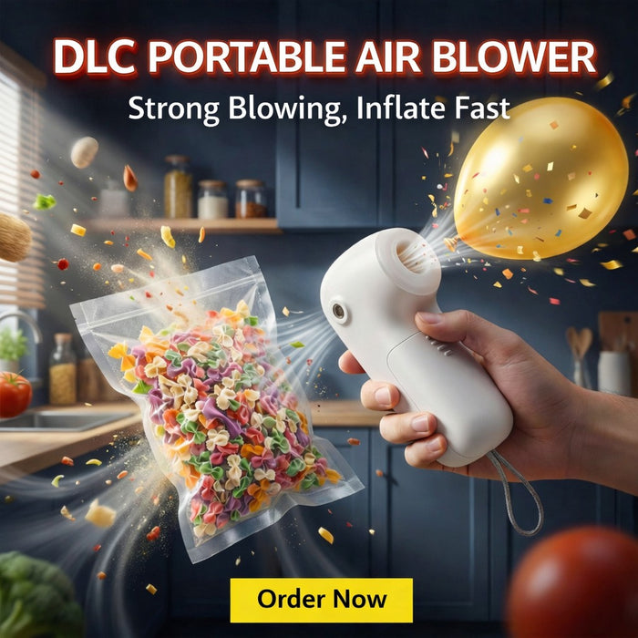 The image shows a handheld  DLC 6-in-1 Inflator Pump & Handheld Vacuum being used to inflate a balloon and blow air into a food storage bag, highlighting its strong airflow and multi-function use for inflating and vacuum tasks.