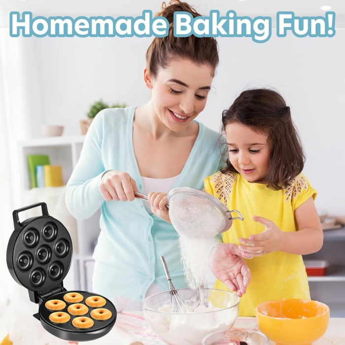 A mother and child baking together in the kitchen using a donut maker, highlighting fun and easy homemade baking.