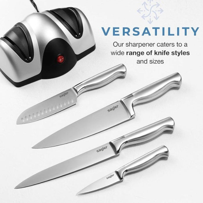A compact electric knife sharpener displayed alongside different types of kitchen knives, highlighting its versatility in sharpening various blade sizes and styles.