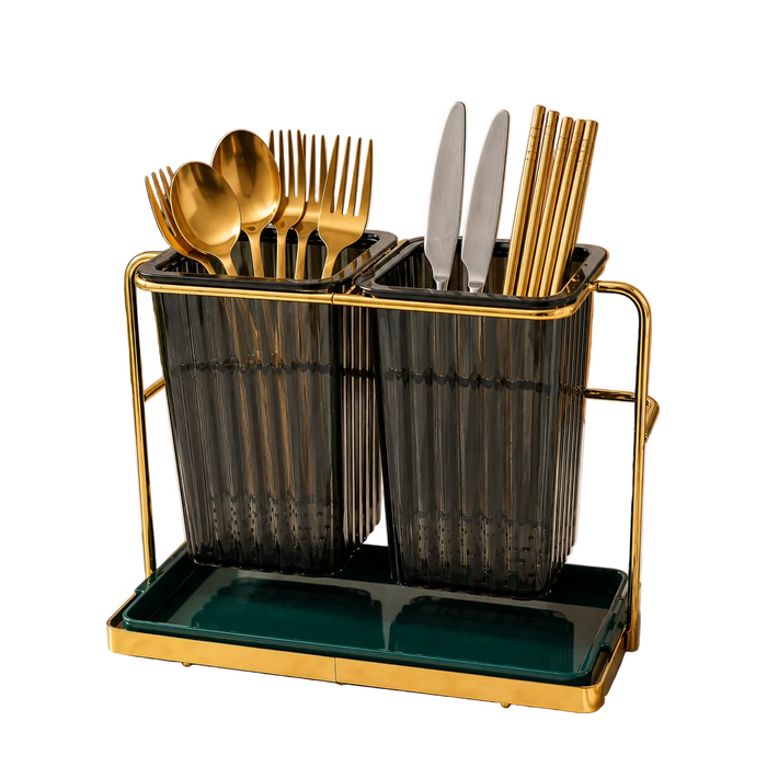 A Luxury Double Cutlery Holder cutlery holder with dark gray ribbed cups and a teal tray, styled on a marble countertop in a kitchen setting.