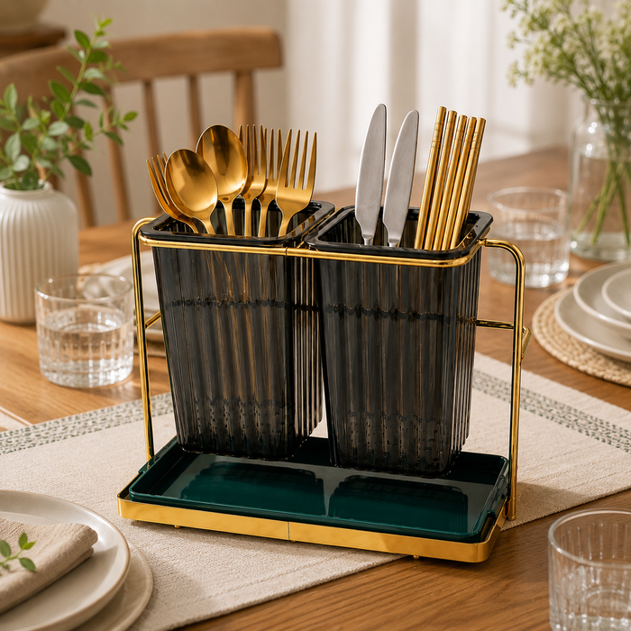 A Luxury Double Cutlery Holder cutlery holder with ribbed black baskets and a dark teal tray, shown on a wooden dining table with gold and silver flatware and plates.