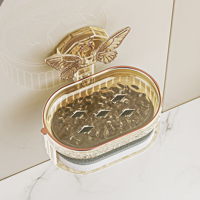 Double-Layer Butterfly Suction Cup Soap Box placed on the wall
