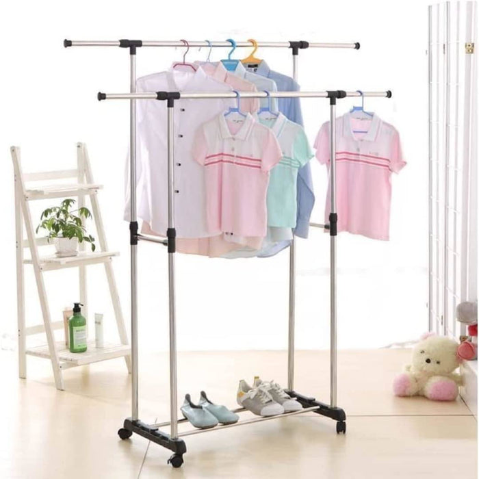 Double Pole Movable Cloth Hanger Organized with Clothes and Shoes.