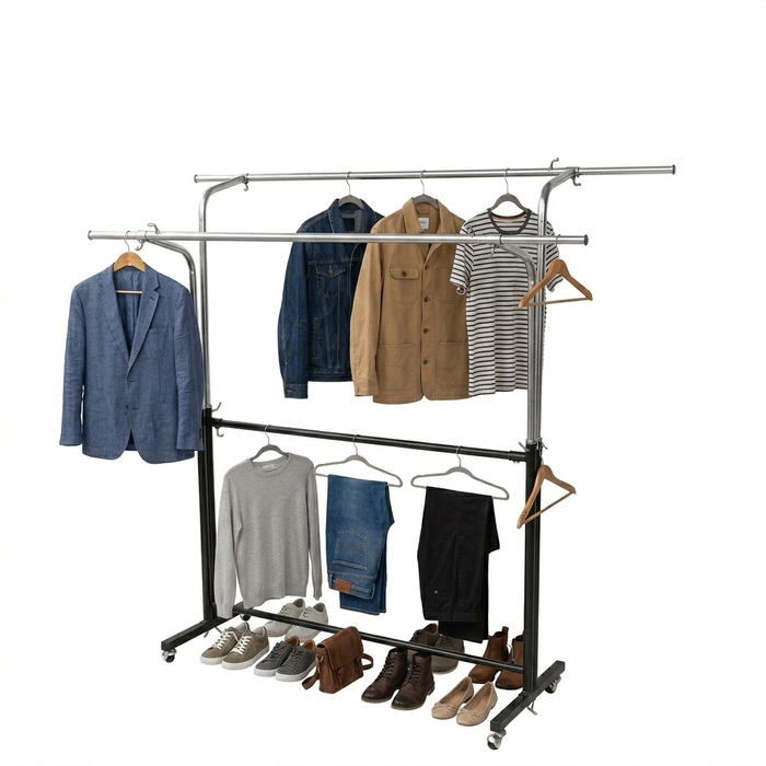 Double Rod Adjustable Garment Rack with various garments including jackets, shirts, jeans, and shoes on a white background
