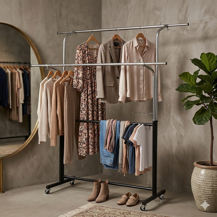 Double Rod Adjustable Garment Rack with clothes and shoes in a room with a mirror and plant