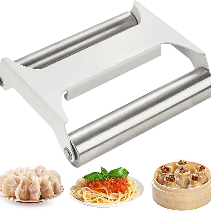 Double-Sided Stainless Steel Dough Roller for Baking next to some foods