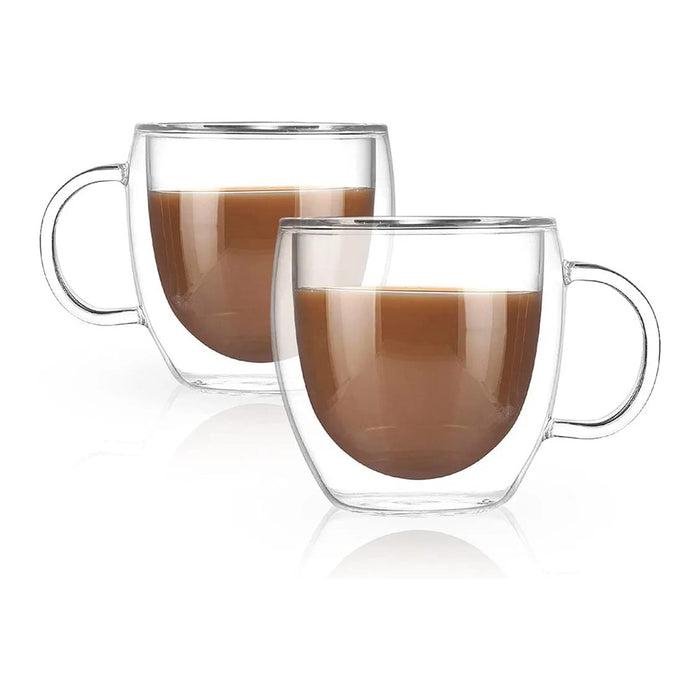 Double Wall Glass Cups with Handle - Transparent Tea Coffee Mugs [2 Pcs]