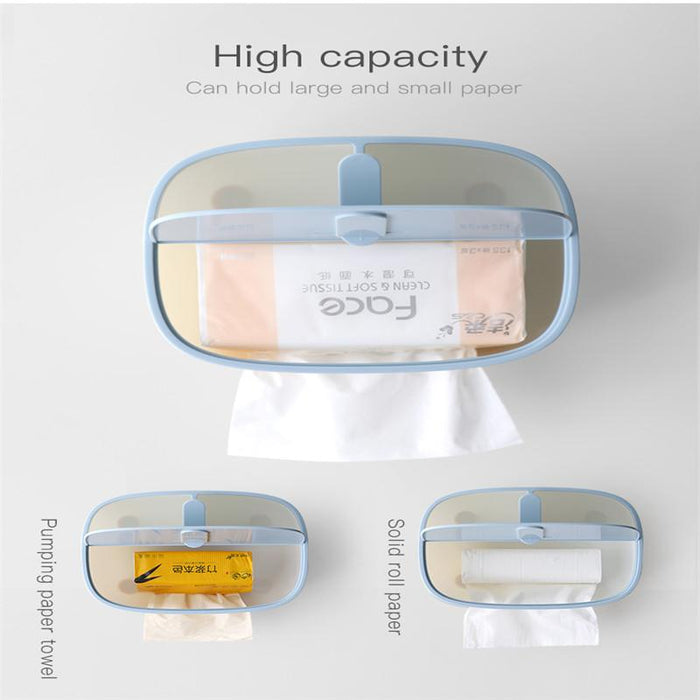 A Tissue Organizer Box with Remote Control Storage containing three distinct types of tissue paper, showing its capacity