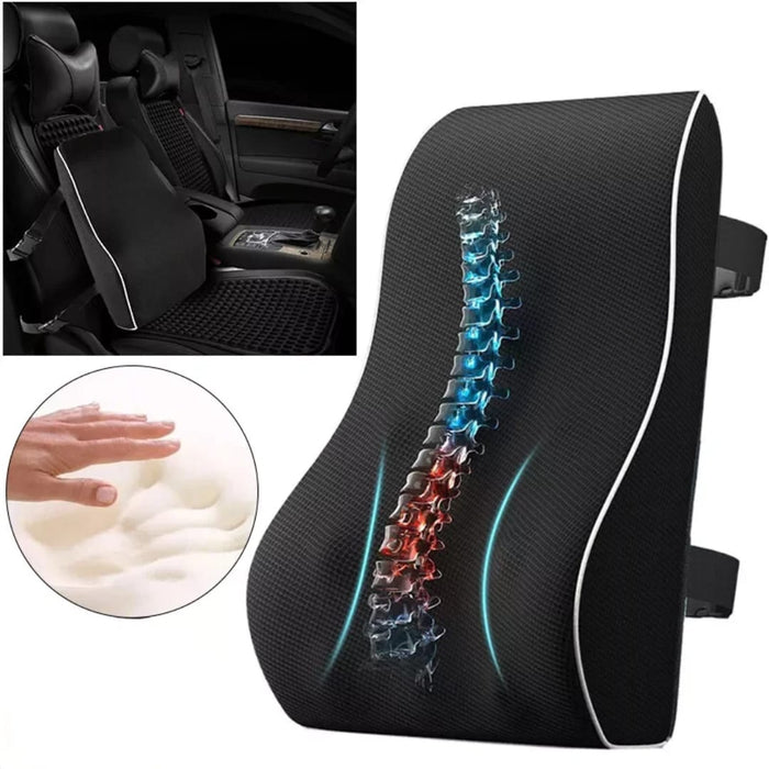Black ergonomic seat cushion with a spinal design, shown in a car and close-up of texture.