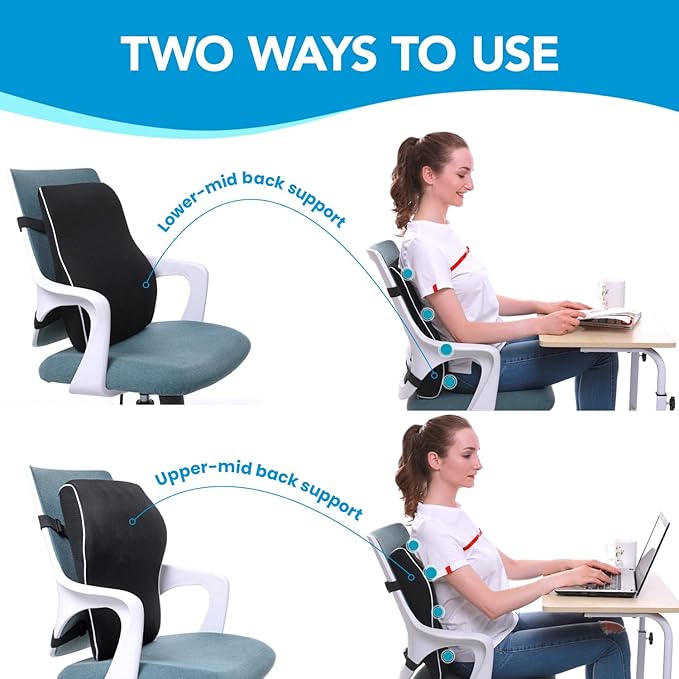 Back support device with two usage methods on a white background