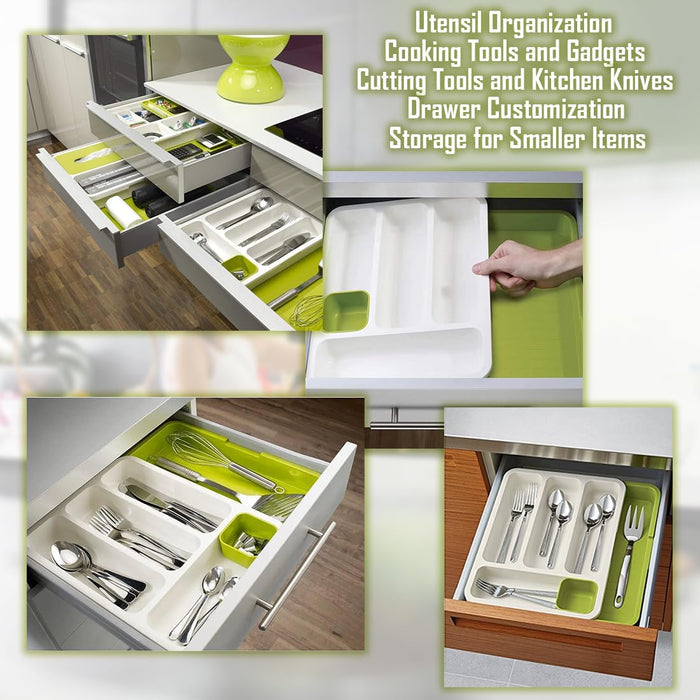 A Person is Organizing Kitchen Tools and Gadgets in to Expandable Cutlery Tray.