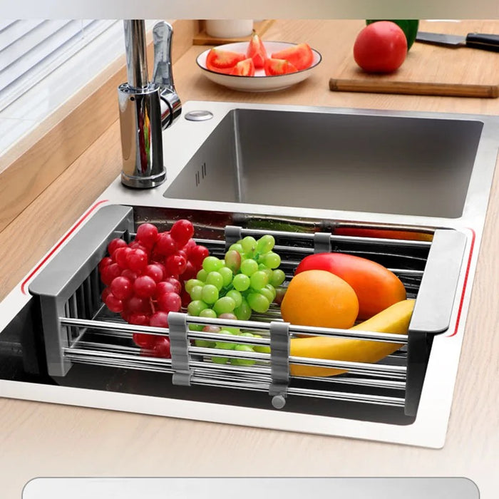 Expandable dish drying and washing basket placed next to the sink