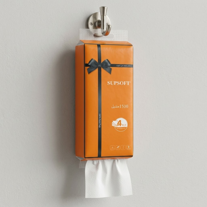 Supsoft tissue box with tissues hanging on a wall hook against a gray background