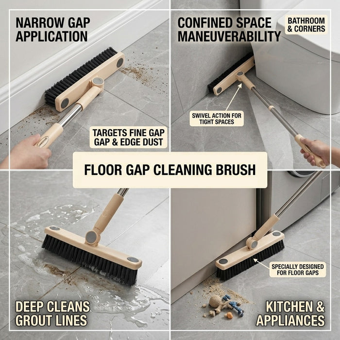 Floor gap cleaning brush with various uses on a gray floor.