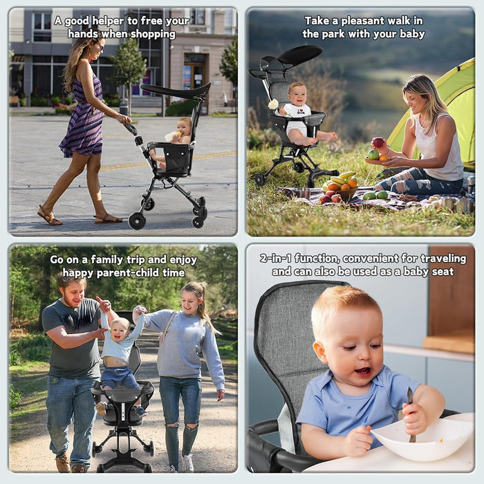 Collage of a baby stroller being used in various scenarios with text describing its functions.